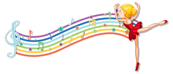 Ballerina with melody symbols on rainbow wave