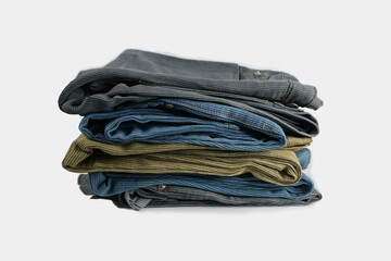 Used denim pants of various colors, folded in piles for sale or distribution.                  