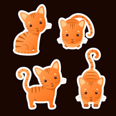 A set of stickers. Cute striped cat in cartoon style. Funny animal.
