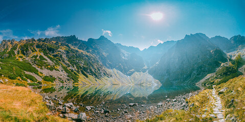 Tatra National Park, Poland. Lake Czarny Staw Under Rysy And Summer Mountains Landscape. Beautiful Nature, Scenic Panoramic View Of Five Lakes Valley. UNESCO World Heritage Site. Panorama © Great Brut Here