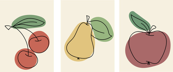 Collection of modern minimalistic fruit posters: linear (sketch) pear, cherry and apple on beige background - obrazy, fototapety, plakaty