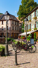 Fototapeta na wymiar View of the Ribeauvillé downtown village in Alsace during the summer