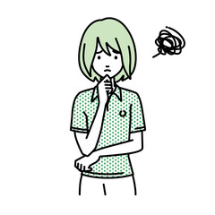 立って手をあごにあてて困っているポロシャツの女性