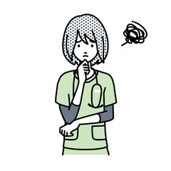 立って手をあごにあてて困っている看護師の女性