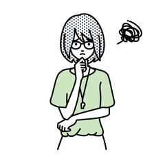 立って手をあごにあてて困っている教師の女性