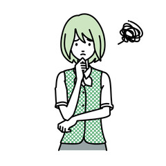 立って手をあごにあてて困っている事務員制服の女性