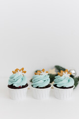 Chocolate cupcakes with blue cream on a white background. Decor of spruce branches, decoration in the form of sugar snowflakes. Christmas and New Year.