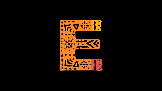 Letter E. 4K, Transparent Alpha channel. Cartoon Animation, Shake twitch effect. Ethnic ornament, national folk pattern in letter. 3 colors. Capital Letter E for ABC education, erudition, game.