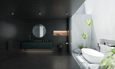 Luuxury style bathroom interior with black marble and white cement