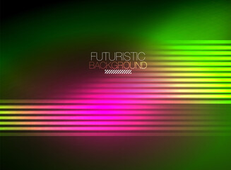 Bright neon color techno abstract background, shiny glowing neon lines in the dark background