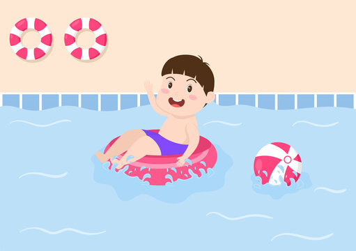 Cute Little Kids Swimming Background Vector Illustration in flat cartoon style. people dressed in swimwear, swim in summer and performing water activities