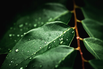 Rain water on green leaf macro.Beautiful drops and leaf texture in nature.