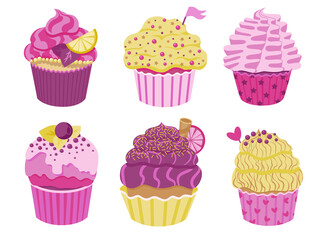 Set of cute little cupcakes with cream and berries. Delicious dessert with different decor. Pink and purple sprinkles muffins collection. Vector illustration on white background.