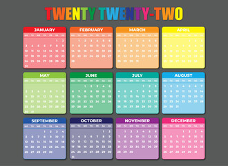 2022 Colorful Monday Start Landscaped Calendar on Gray Background