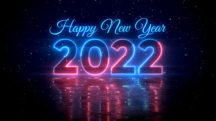 Sweet Red And Blue Glowing Happy New Year 2022 Lettering Neon Light With Floor Reflection Amid The Falling Snow On Dark Background