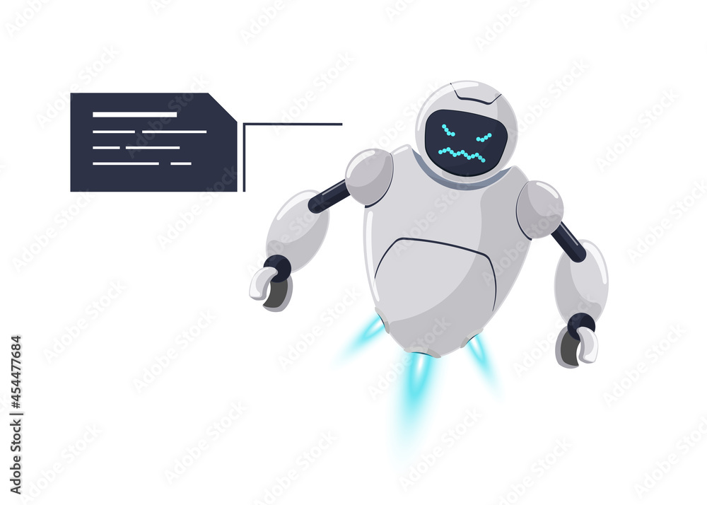 Poster cute white flying robot character angry. futuristic chatbot mascot furious with speech bubble. tech 