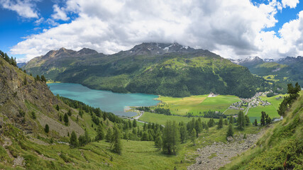 View on Sils Maria in the Engadine valley in Switzerland