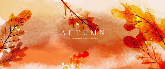 Autumn background design  with watercolor brush texture, Flower and botanical leaves watercolor hand drawing. Abstract art wallpaper design for wall arts, wedding and VIP invite card. vector eps10