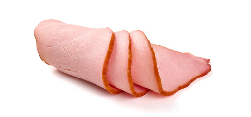 Sliced smoked pork loin, isolated on white background.