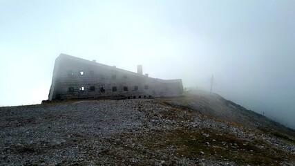 Old abandoned hotel Hrasnica near the Observatory peak 2067 meters, on mountain Bjelasnica, Bosnia and Herzegovina