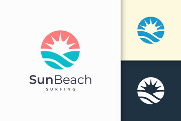 Ocean or sea logo in abstract water wave and sun represent adventure