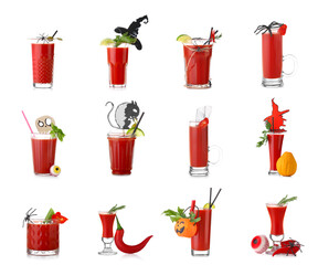 Glasses of tasty Bloody Mary cocktail decorated for Halloween on white background