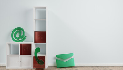 Business contact icons in magenta. phone, email and address 3D Rendering .