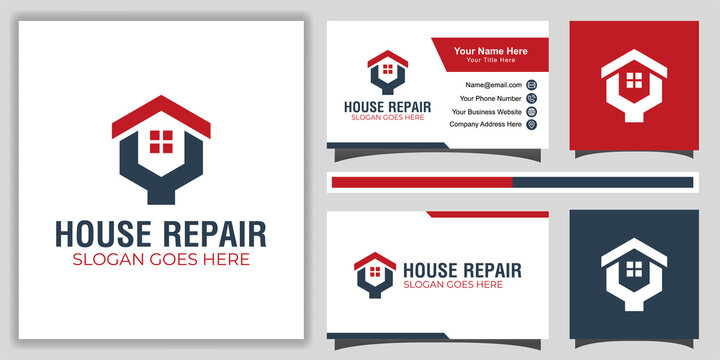 modern simple fix home repair service logo template with business card design