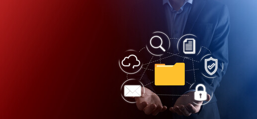 Document Management System DMS .Businessman hold folder and document icon.Software for archiving, searching and managing corporate files and information.Internet Technology Concept.Digital security
