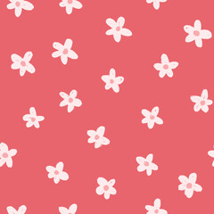 White painted flowers on red seamless background. Repeating floral pattern simple minimalism flower illustration. Cute ditsy flower print for home decor, fabric, kids fashion, gift wrap.