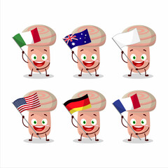 Coral milky cap cartoon character bring the flags of various countries