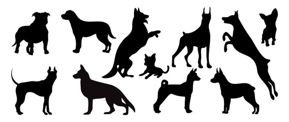 Vector silhouette of a dog on a white background.