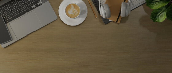 Modern workspace with laptop computer, smart phone. coffee cup and headphone on wooden desk. 3D rendering.