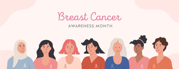 Breast Cancer awareness month horizontal banner. Flat style group of diverse ethnic women with awareness pink ribbon. Vector background of happy female cancer survivors.