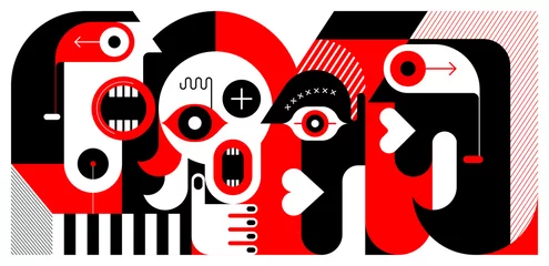 Foto op Plexiglas Rode en zwarte kleuren geïsoleerd op een witte achtergrond Vergadering van vier mensen vector illustratie. ©  danjazzia