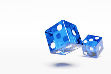 3D illustration closeup of a pair of blue  dices over white background. Blue dice in flight. Casino gambling.