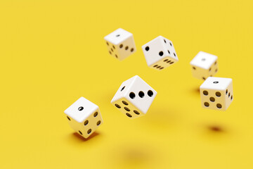 White dice  fly on yellow background . Two dice casino game template concept. Casino background.