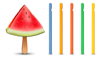 Set of realistic popsicle sticks. Watermelon piece on popsicle stick. Vector illustration, summer season.