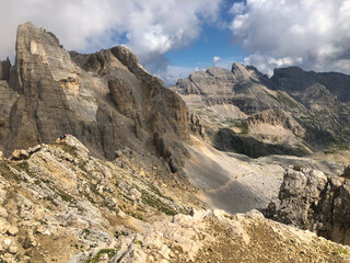 Panoramic view of Latemar chains Torre di Pisa in Trentino Alto-Adige, Italy