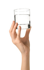 Female hand with glass of water on white background