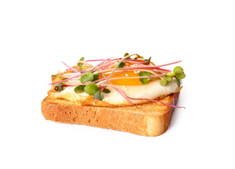 Tasty toast with fried egg and micro green on white background