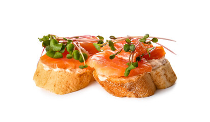 Tasty bruschettas with salmon and micro green on white background