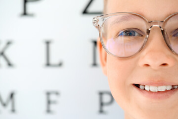 Little boy wearing glasses at ophthalmologist's office, closeup