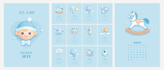 Illustrated 2022 calendar template with baby boy elements. Vector illustration