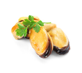 Raw mussels on white background
