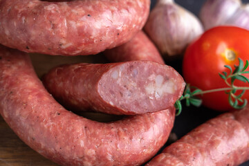Homemade pork and beef sausage. National cuisine, Krakow sausage