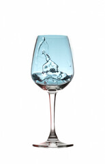 wine glass with ice water splash isolated on white background