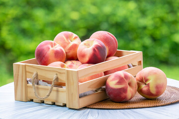 Peach fruit in wooden basket on wooden table in garden, Fresh peach  on blurred greenery background, 