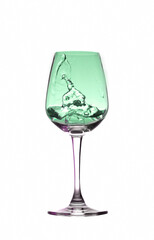 wine glass with ice water splash isolated on white background