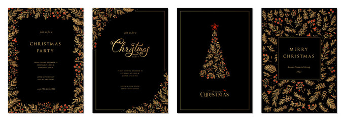 Merry Christmas and Happy Holidays cards with New Year tree, floral frames and backgrounds design. Modern versatile artistic templates. - obrazy, fototapety, plakaty